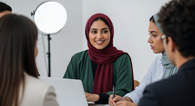 A group of diverse young professionals, including women wearing hijabs, engage in a collaborative discussion during a meeting.