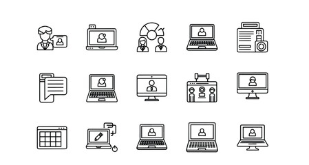Line editable icon set of business and technology icons representing online meetings and communication line icon set