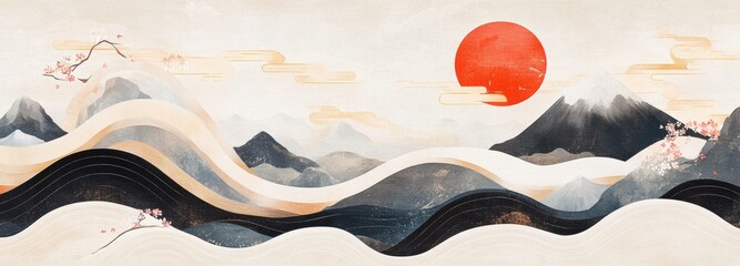 Elegant traditional Japanese-inspired art showcasing serene landscapes with gentle curves and a vibrant sunset