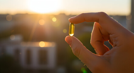 Hand Holding Nutritional Capsule Against Golden Sunset with a Soft Focus Background of Natural Scenery