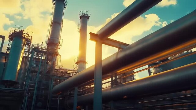Petrochemical Industrial Plant at Golden Sunset with complex Steel Structures
