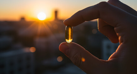 Hand Holding Health Capsule Against Vibrant Sunset Over Urban Cityscape