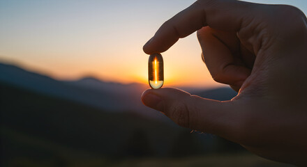 Hand Holding a Golden Capsule Against a Vibrant Sunset Over Mountainous Landscape
