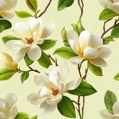 Obraz premium Seamless pattern of realistically rendered white magnolia blossoms and green leaves on a pale yellow-green background