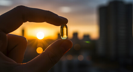 Human Hand Holding Golden Vitamin Capsule Against Urban Sunset Background with Blurred Cityscape in Soft Light