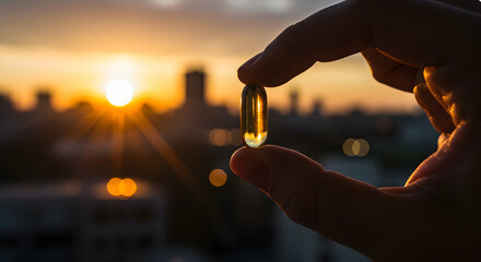 Hand Holding Transparent Capsule Against Golden Sunset Over Urban Skyline