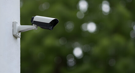 Outdoor Security Camera Installed on a Wall Surrounded by Lush Green Vegetation in an Urban Environment