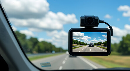 Dashboard Camera Capturing Vehicle Movement on a Scenic Highway Under a Clear Blue Sky
