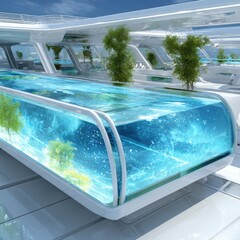 Obraz premium Futuristic vessel deck showcasing a long, transparent aquarium-like structure containing aquatic plants and water, flanked by small trees under a bright sky