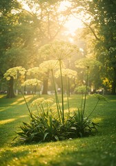Obraz premium Angelica Flowers in Golden Sunlight, Lush Green Park Setting, Summer Day
