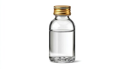Small, clear glass bottle filled with a clear liquid, closed with a gold-colored screw-on cap. Isolated against a bright white background with faint shadow beneath
