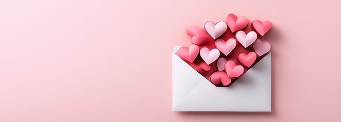 Valentines Day envelope overflowing with heart shapes on a pastel pink background celebrating love and affection