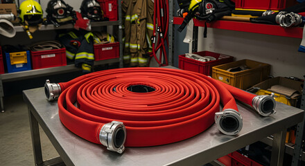 Fire Hose Coiled Neatly on Metal Table in Fire Station Equipment Room Preparing for Emergency Response