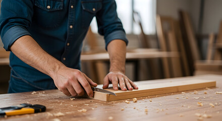 Skilled Craftsperson Measuring and Cutting Wooden Plank in a Workshop with Natural Light and Wood Shavings on the Table