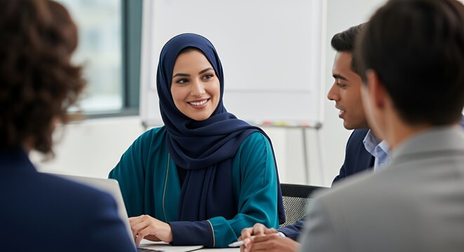 A diverse group of professionals engages in a collaborative meeting, showcasing a modern and inclusive workplace environment.