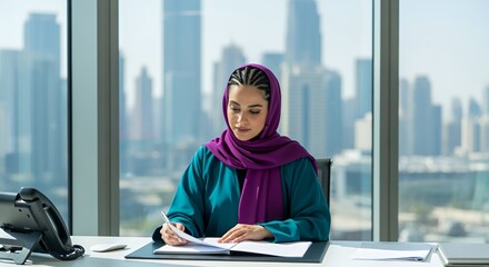 A professional woman in a hijab works at her desk in a modern overlooking a city skyline.