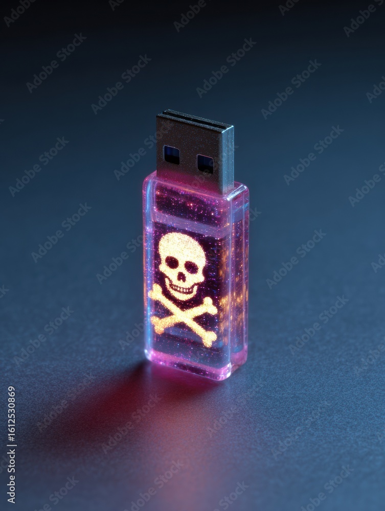 Poster glowing usb drive with malware label inserted into computer during cybersecurity analysis on a dark 