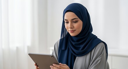 A young woman wearing a hijab uses a tablet computer while sitting indoors near a window.
