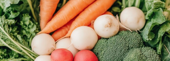 Vibrant assortment of fresh farm vegetables including broccoli, carrots, and radishes from local harvest
