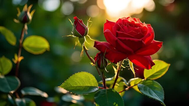 Elegant Red Rose Blooming in the Garden Bathed in Warm Sunlight creating a romantic view