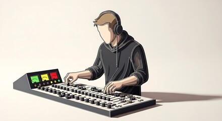 A male audio engineer in a hoodie and headphones adjusts levels on a sound mixing console. This papercraft illustration represents music production, DJing, and sound recording.