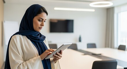A young businesswoman in a hijab uses a tablet computer in a modern , thoughtfully reviewing documents or emails.