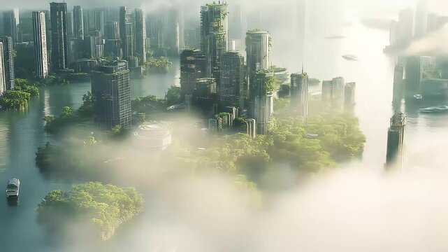 Futuristic green city with skyscrapers, lush vegetation, and waterways