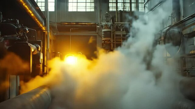 Industrial Factory with Steam and Pipeline System Visuals for Technological Use