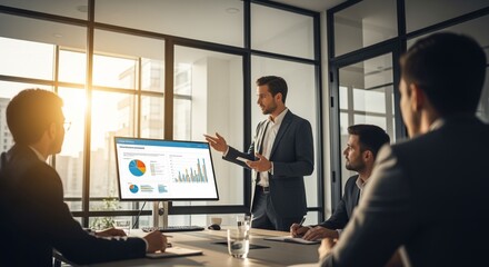 A team of professionals gathers around a large monitor displaying financial data, actively participating in a strategic business presentation.