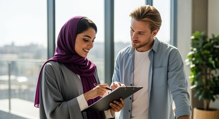 A woman in a hijab and a man review documents together in a modern setting, collaborating on a project.