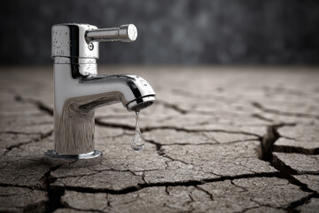Modern chrome faucet with single water droplet hanging from spout, placed on cracked dry earth, symbolizing water scarcity and environmental issues