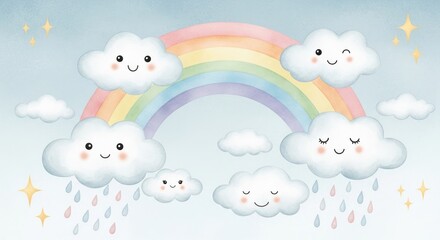 A colorful rainbow and cute clouds with smiling faces create a cheerful and whimsical illustration