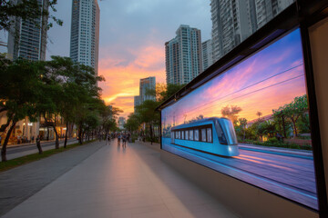 Fototapeta premium futuristic cityscape features realtime transportation hologram superimposed against stunning sunset