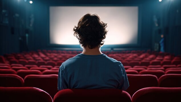 Person sits alone facing a bright white screen in a classic theatre. Red velvet seats fill the rows, spotlight highlighting solitude - Powered by Adobe