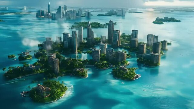 Futuristic Tropical Cityscape on Islands in Turquoise Water - Aerial View