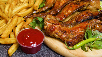 Crispy roasted chicken wings served on a wooden cutting board alongside french fries and ketchup,...