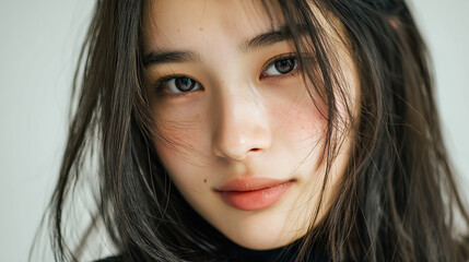 Fototapeta premium Young japanese woman posing with long dark hair and rosy cheeks
