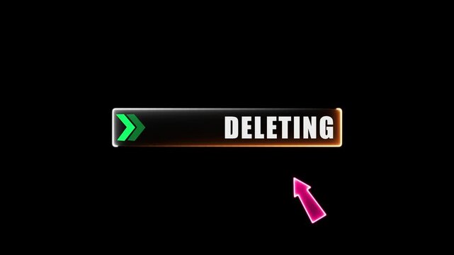 Glowing Black Delete Button Design with Bold White 'DELETING' Text, Green Direction Arrow, and Neon Pink Cursor &mdash; Futuristic UI Element for Tech Interfaces or Digital Commands