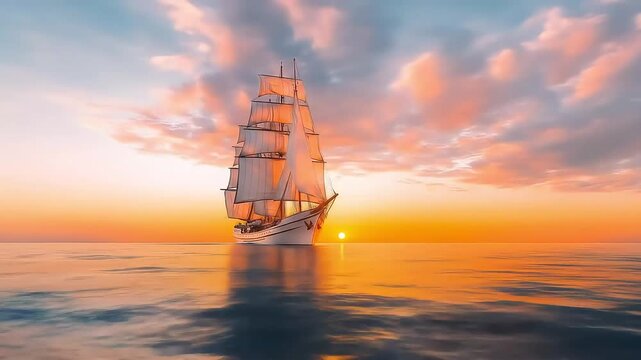 Majestic Tall Ship Sailing on the Ocean at Sunset with Beautiful Clouds