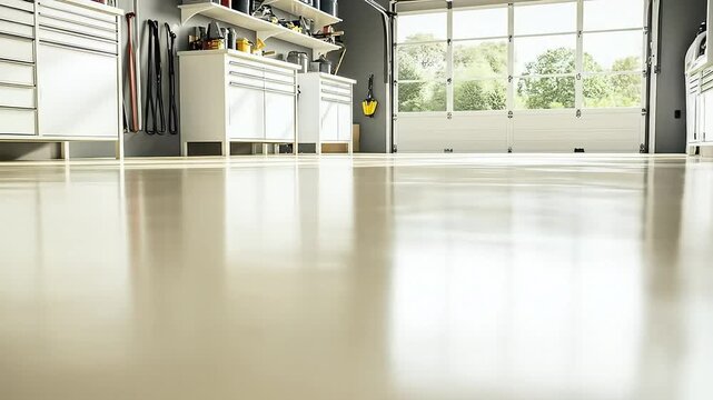 Clean and Organized Garage Interior with Epoxy Flooring and Natural Light