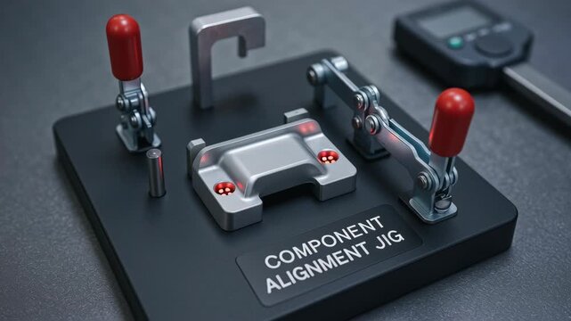 Component alignment jig with red handles used manufacturing processes for quality control precise assembly and inspection of metal parts ensuring