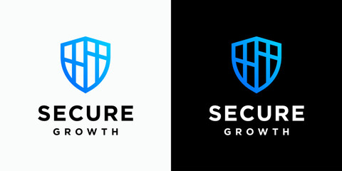 Shield-shaped growth chart vector logo design with a modern, simple, clean, and abstract style. Icon for business, finance, security, and personal branding.