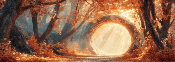 Whimsical fairytale woodland filled with autumn trees and a glowing portal