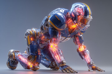 Robot american football player kneeling and getting ready to start the game