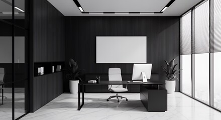 Modern minimalist interior design features a sleek black desk, comfortable chair, large window, and blank canvas artwork.