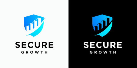 Vector logo design of growth graph of shield and building shape with modern, simple, clean and abstract style. Icons for business, finance, security, and personal branding.