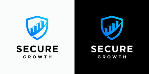 Vector logo design of growth graph of shield and building shape with modern, simple, clean and abstract style. Icons for business, finance, security, and personal branding.