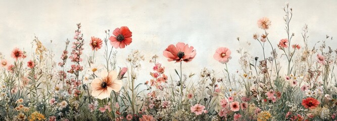 Wild meadow flowers bloom in soft vintage hues creating a tranquil and intricate landscape