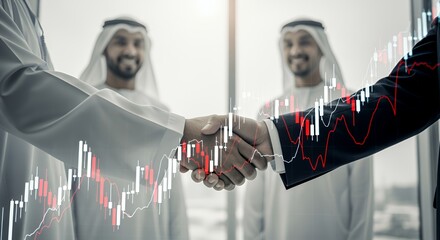 Two businessmen in traditional Middle Eastern attire shake hands, symbolizing a successful business deal or partnership