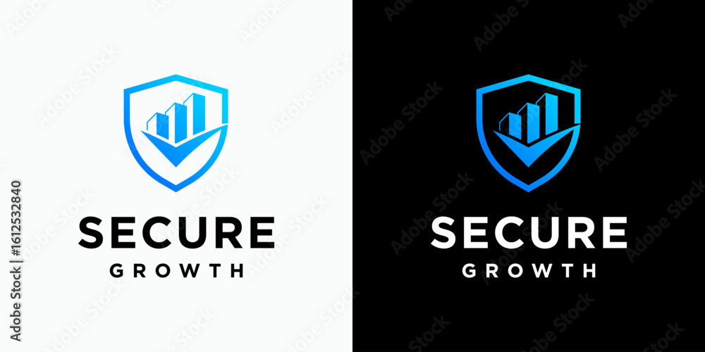 Poster vector logo design of a check mark growth chart shield and building shape with modern, simple, clean